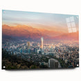 Acrylic print of Santiago skyline with soft blue and gray tones, ideal for bedroom or dining room decor.