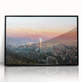 Large abstract wall art depicting the Santiago skyline in muted earth tones on a framed acrylic print.
