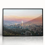 Large abstract wall art depicting the Santiago skyline in muted earth tones on a framed acrylic print.