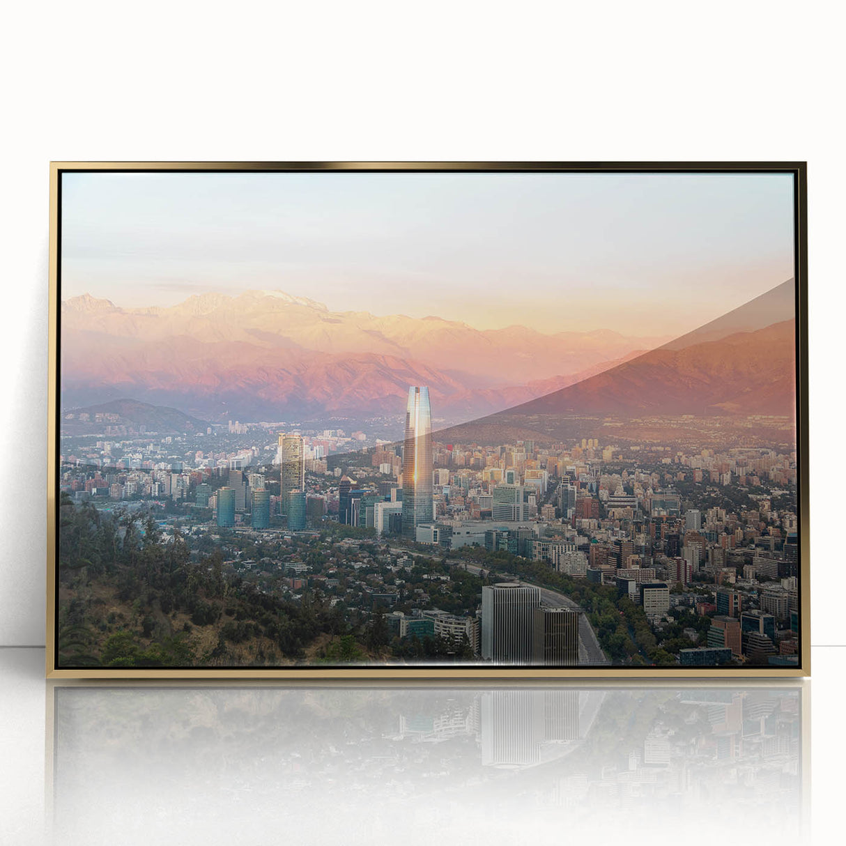 Mid-century modernist acrylic print of Santiago, Chile skyline in muted earth tones, ideal for modern art wall decor.