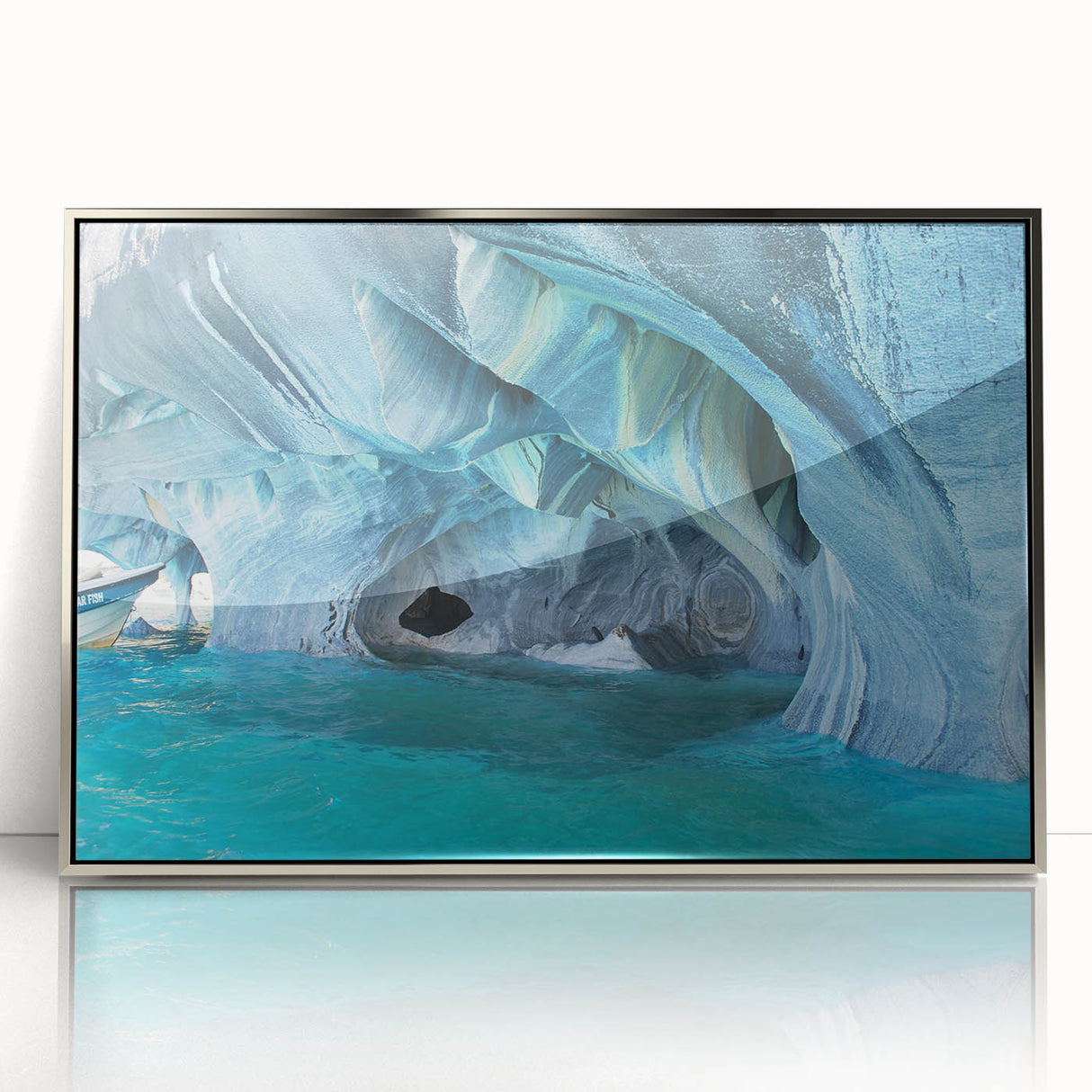 Mid-century modernist art depicting the Chilean landscape in cool blue tones on a framed acrylic print.