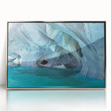 Mid-century modernist art depicting the Chilean landscape in cool blue tones on a framed acrylic print.