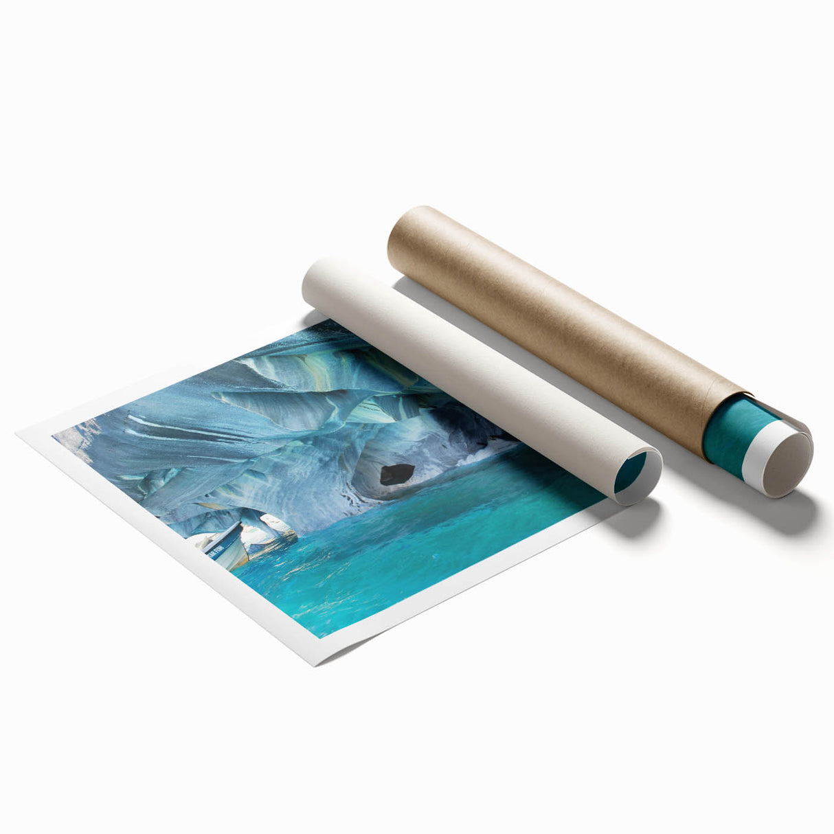 Extra large rolled print of a Chilean landscape with vibrant green and blue tones, ideal for classy bathroom wall art.