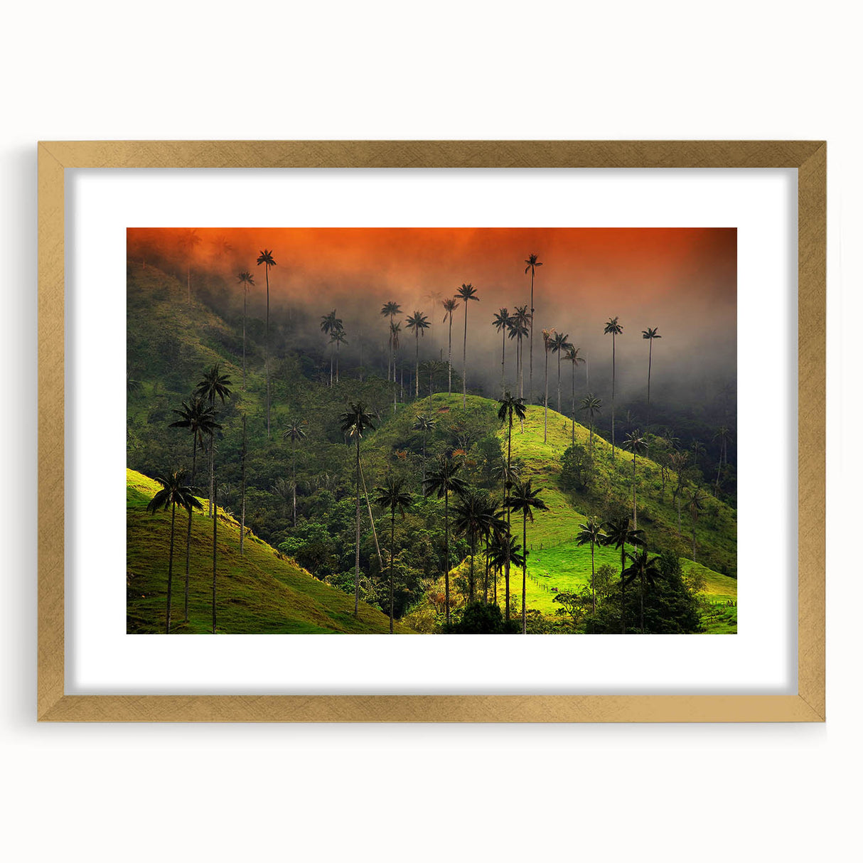Extra large abstract art print of a textured Colombian landscape in muted earth tones, framed in gold.