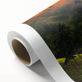 Art deco poster of a Colombian landscape in muted earth tones on rolled canvas, ideal for nursery wall art.