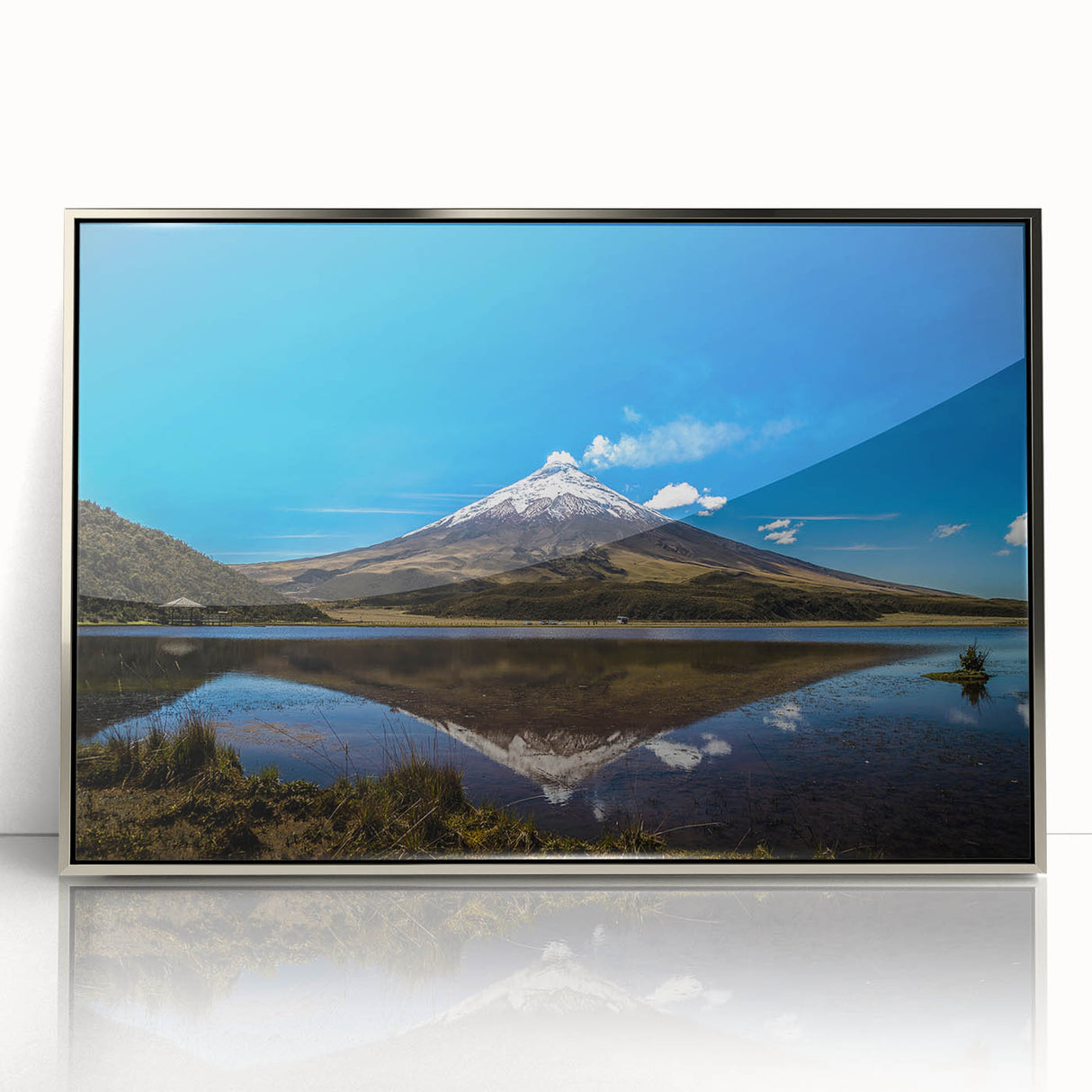 Mid-century modernist art depicting a serene Ecuadorian landscape in soft pastel shades, framed in silver acrylic.