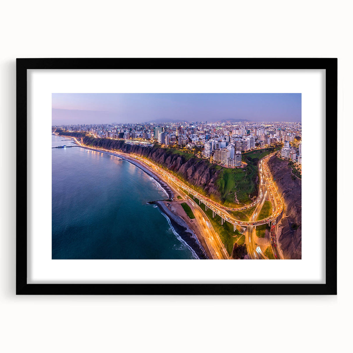 Extra large abstract art print of a colorful, textured South American scenery on a black framed canvas.