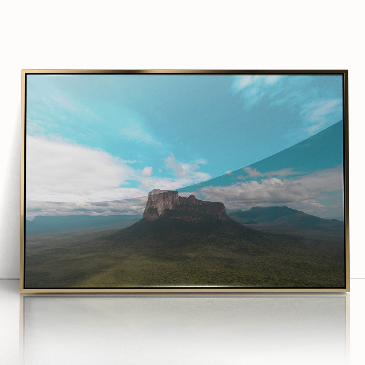 Large art print of a Venezuelan landscape in mid-century modernist style, vibrant colors on framed acrylic.