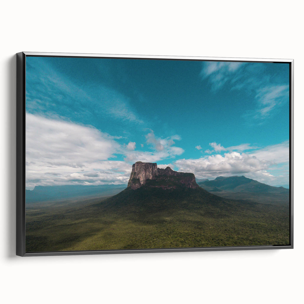 Black and white framed canvas depicting a vintage landscape scene of a Venezuelan valley, ideal for bedroom wall art.