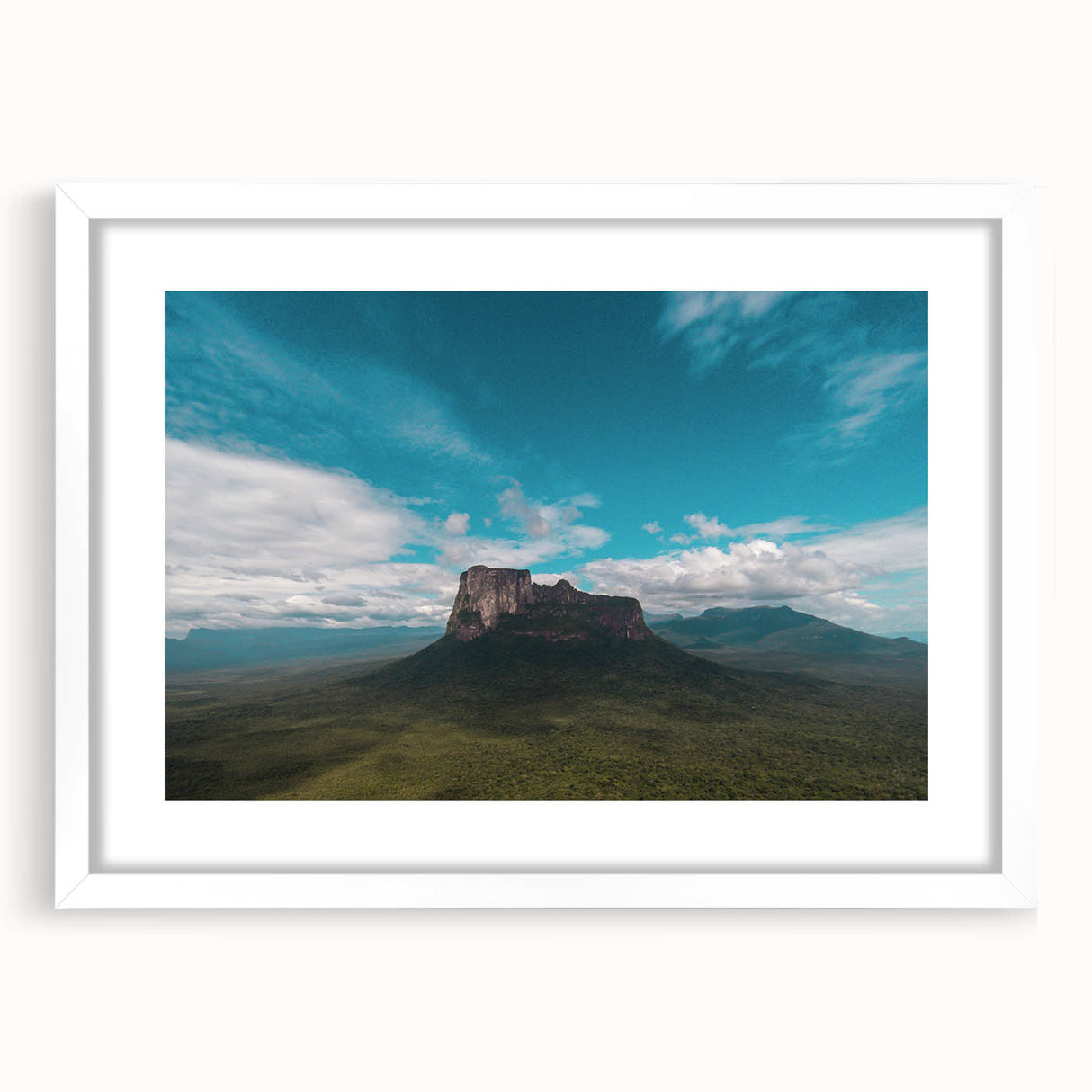 Abstract art print of a Venezuelan landscape in muted earth tones on a framed white canvas, ideal for dining room decor.