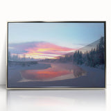 Mid-century modernist art depicting an Alaskan landscape in muted gray and blue tones on a framed acrylic print.