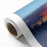Art deco poster of Alaska scenery on rolled canvas, featuring cool blue and gray tones.