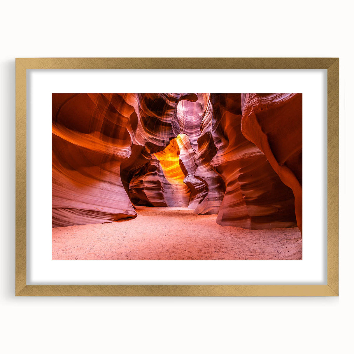 Extra large framed wall art of abstract Antelope Canyon in Arizona, featuring textured red and orange hues.