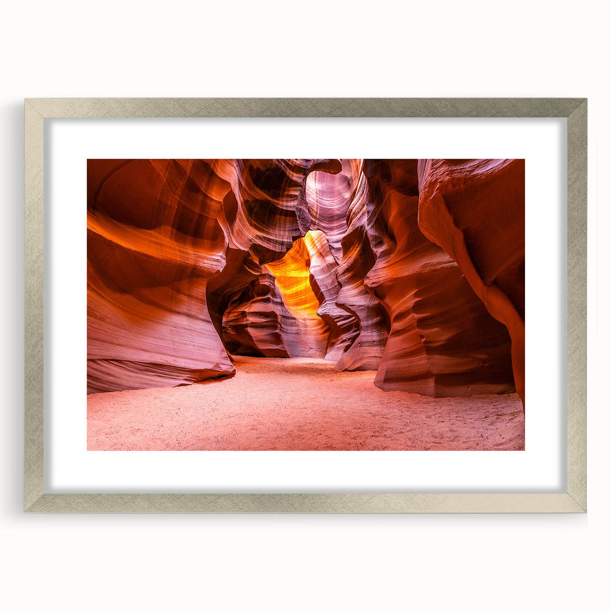 Textured art depicting abstract Arizona Antelope Canyon in warm earth tones, showcased in a silver frame.