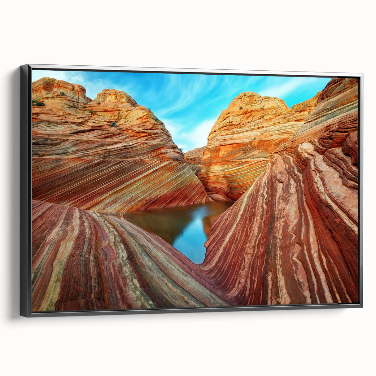 Black and white framed canvas featuring the Coyote Buttes in Arizona, ideal for bedroom landscape decor.