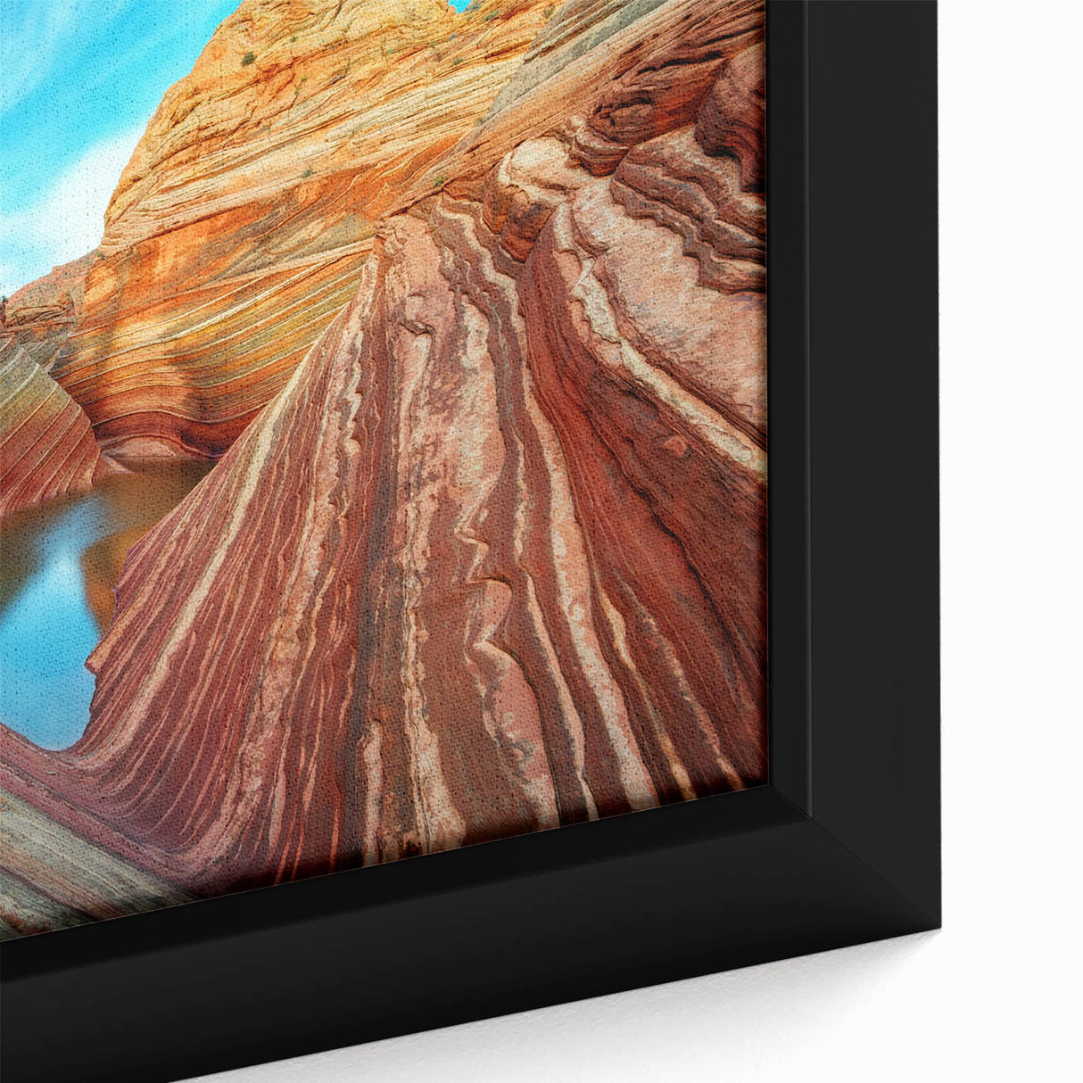 Extra large framed canvas of textured black wall art featuring the Coyote Buttes in Arizona, using colorful art accents.