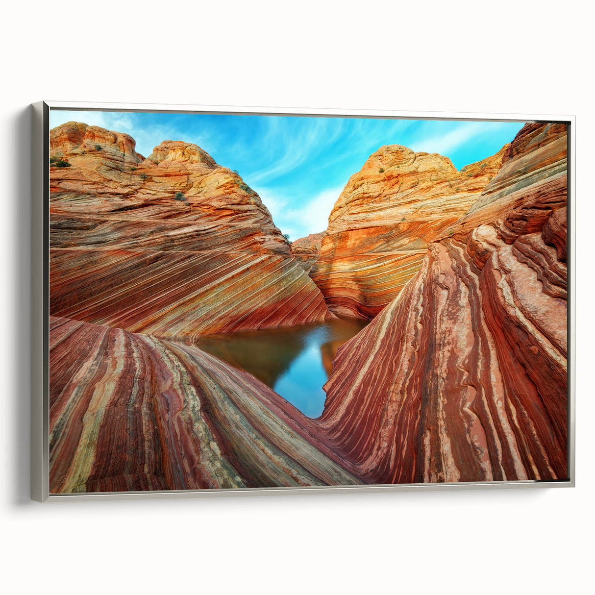 Landscape art painting of Coyote Buttes in Arizona, featuring colorful rock formations on a black framed canvas.