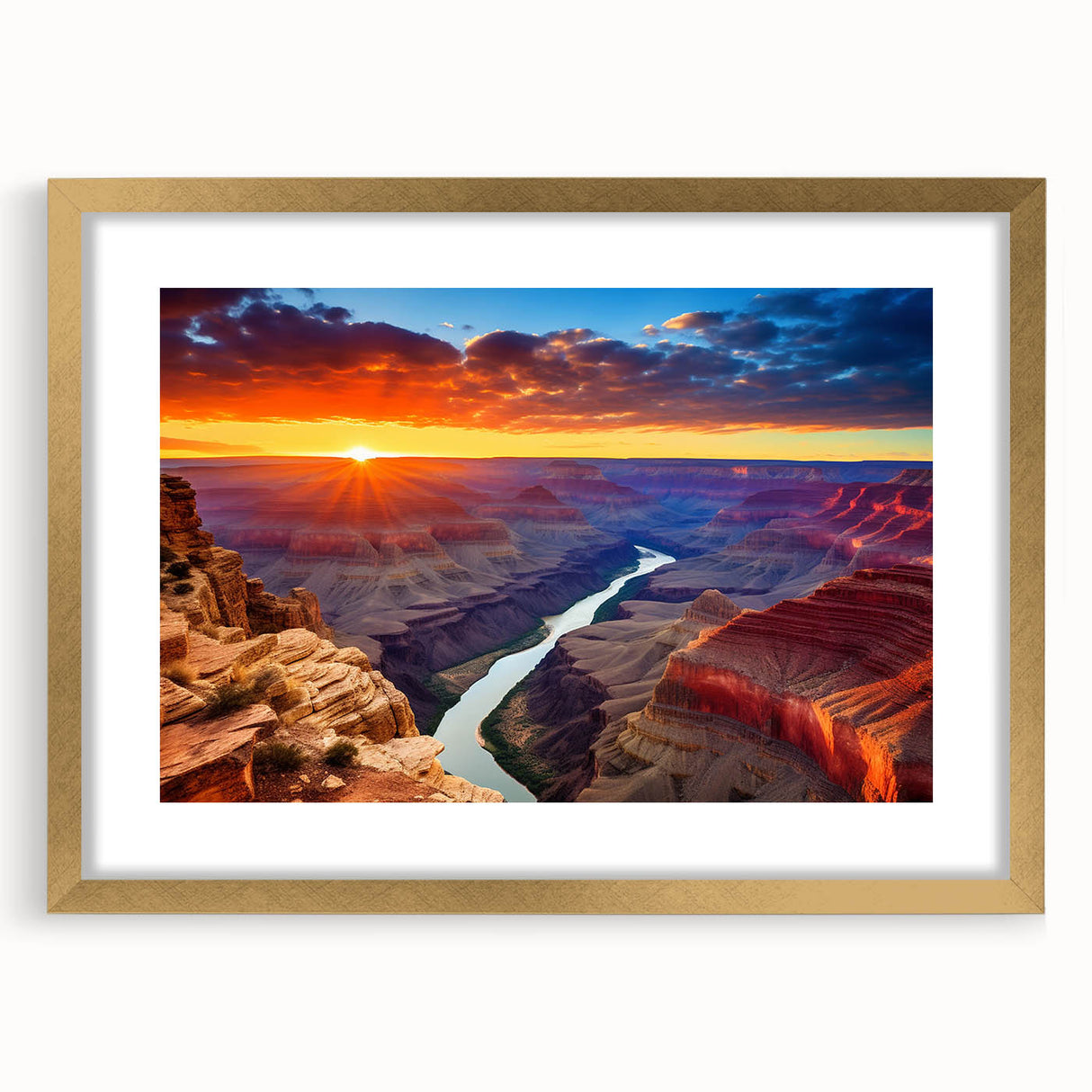 Extra large abstract art print of the Grand Canyon in textured gold frame, ideal for living room decor.