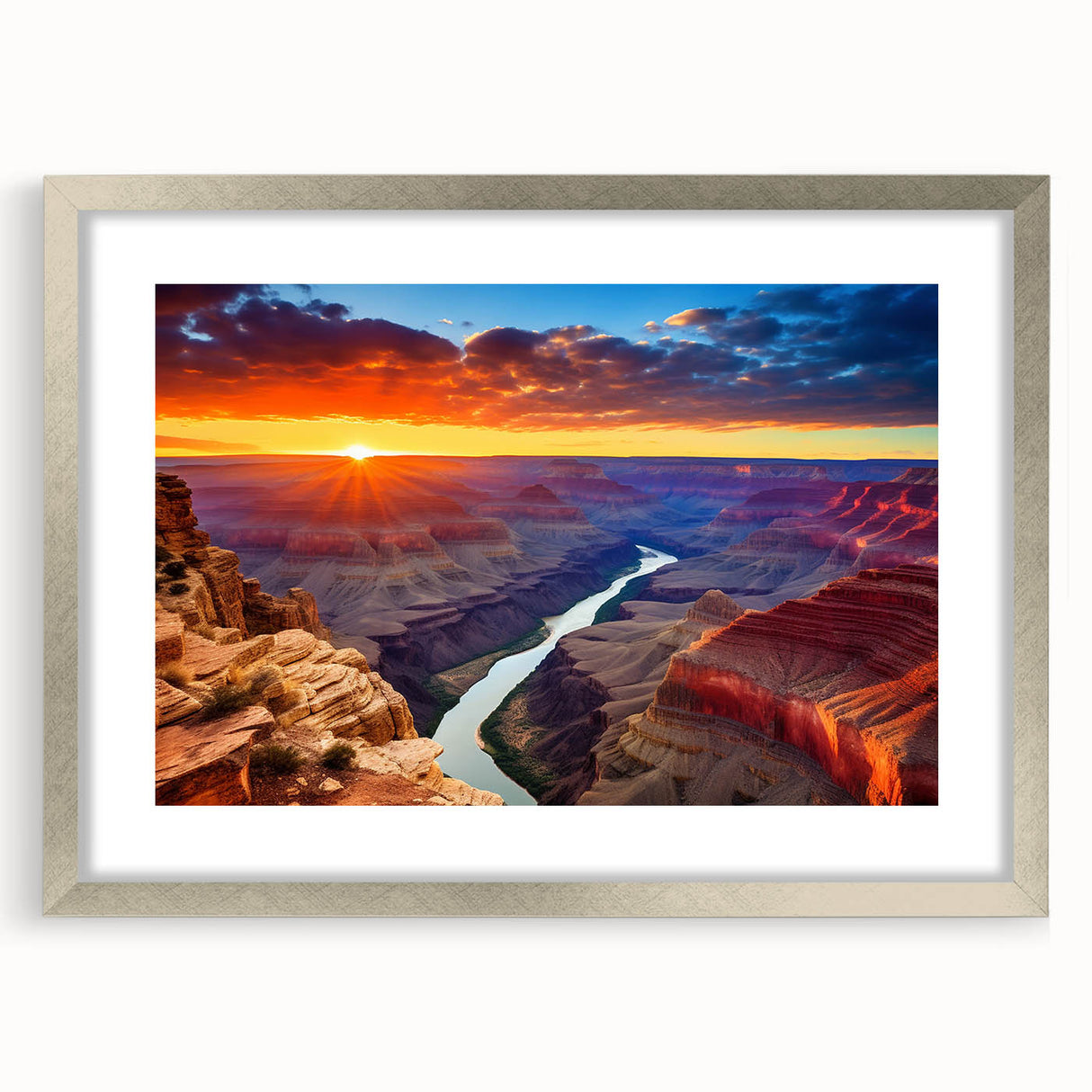 Textured art print of the Grand Canyon in muted earth tones on a framed canvas, ideal for bedroom decor.