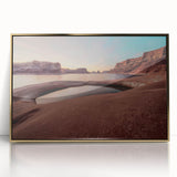 Mid-century modernist acrylic print of Lake Powell in muted earth tones, framed in gold, suitable for modern art wall decor.