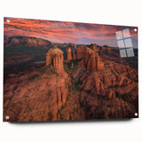 Large abstract depiction of Sedona, Arizona in vibrant red and orange hues on acrylic glass.