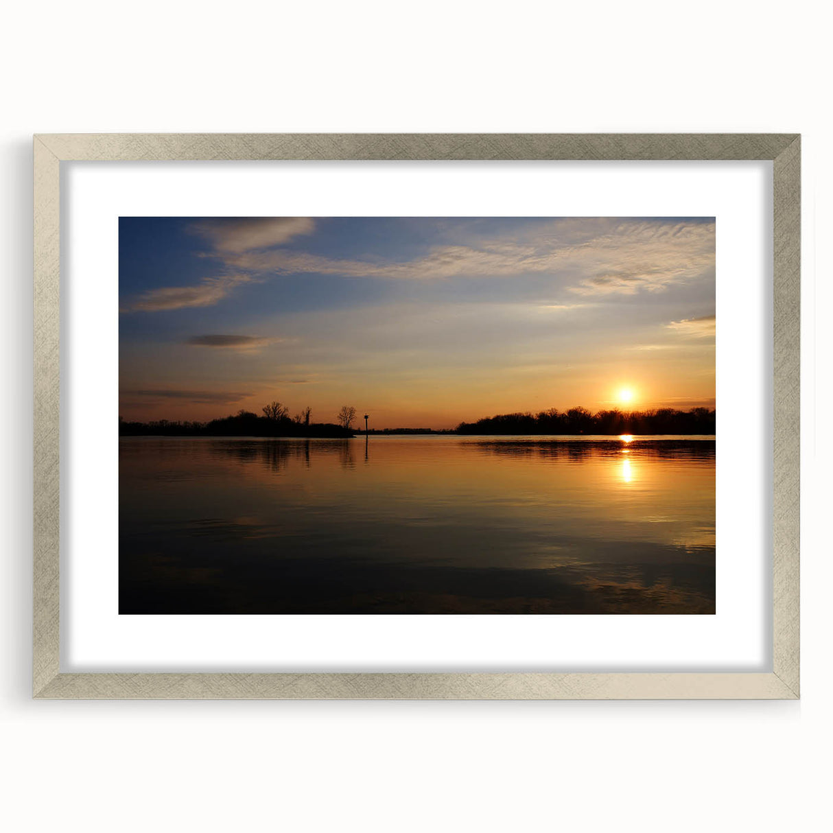 Textured abstract art print of Arkansas scenery in muted earth tones, silver-framed with mat, suitable for bedroom decor.