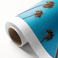 Art deco poster of Beverly Hills scenery on rolled canvas, featuring pastel shades.