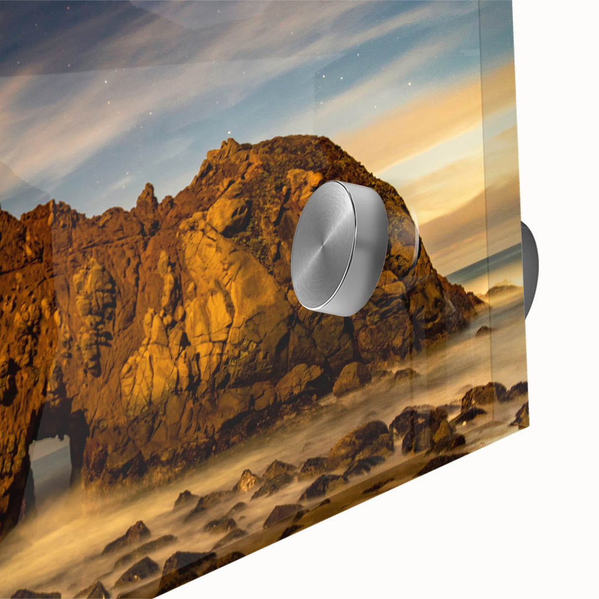 Large abstract wall art of Big Sur in pastel shades on acrylic glass, ideal for dining room ambiance.
