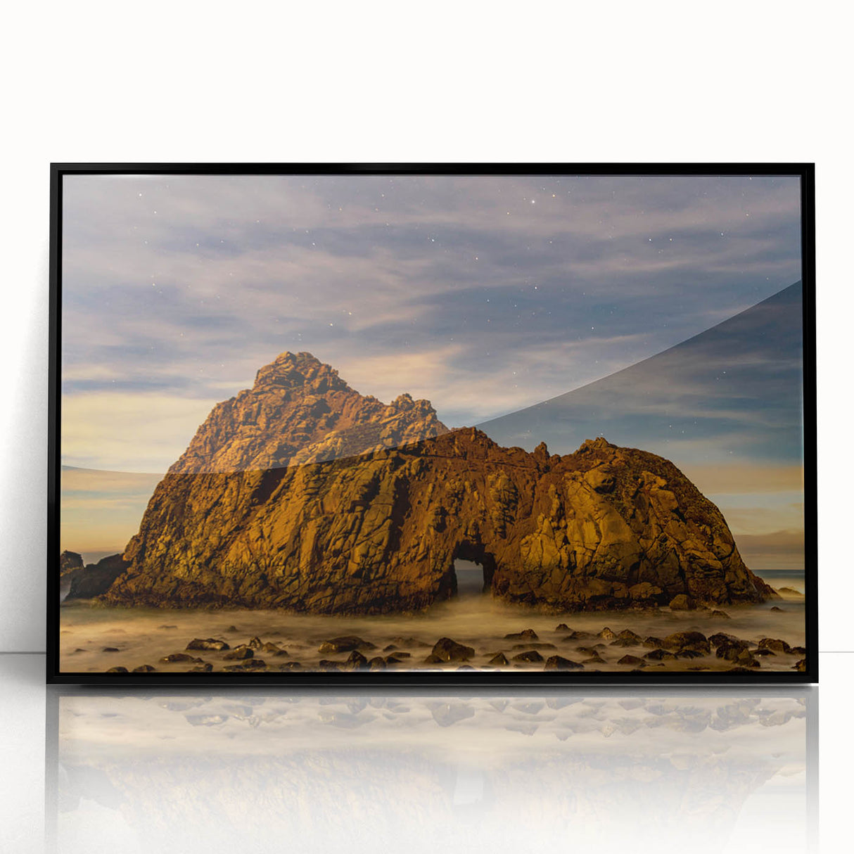 Large abstract wall art depicting the Big Sur coastline in muted earth tones on a framed acrylic print.