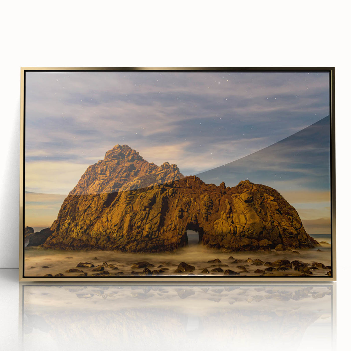 Framed acrylic print of Big Sur in California featuring mid-century modernist style with muted earth tones.