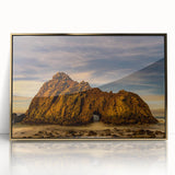 Framed acrylic print of Big Sur in California featuring mid-century modernist style with muted earth tones.