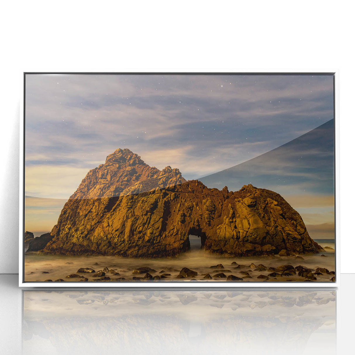 Acrylic print of Big Sur coastline in muted blue and green hues, framed in white, suitable for modern art wall decor.