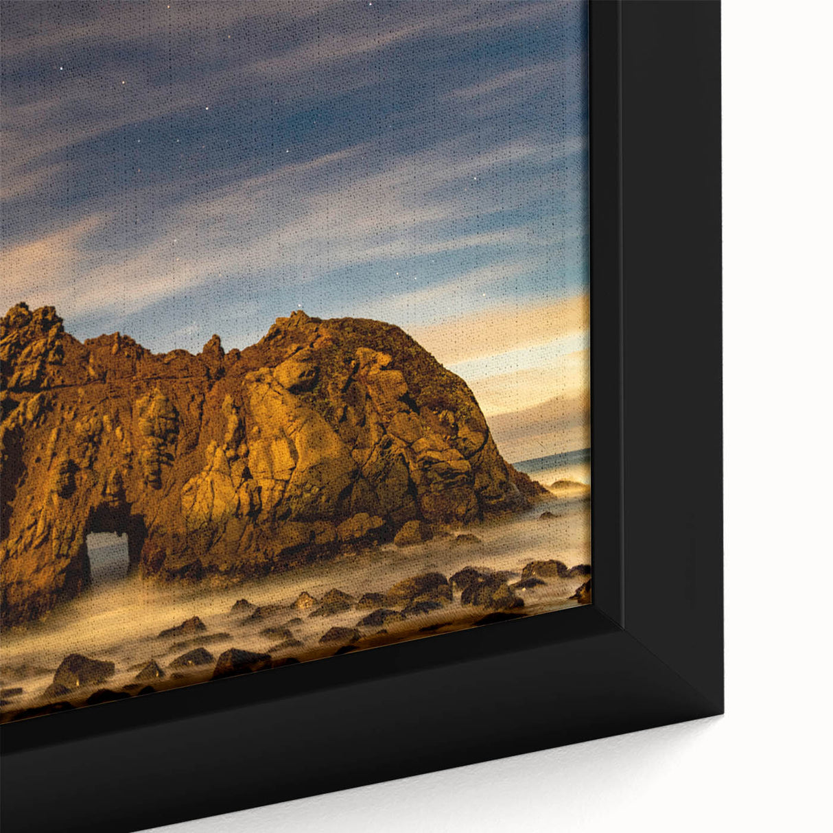 Extra large framed canvas featuring a textured depiction of Big Sur, California, with vibrant colors on a black background.