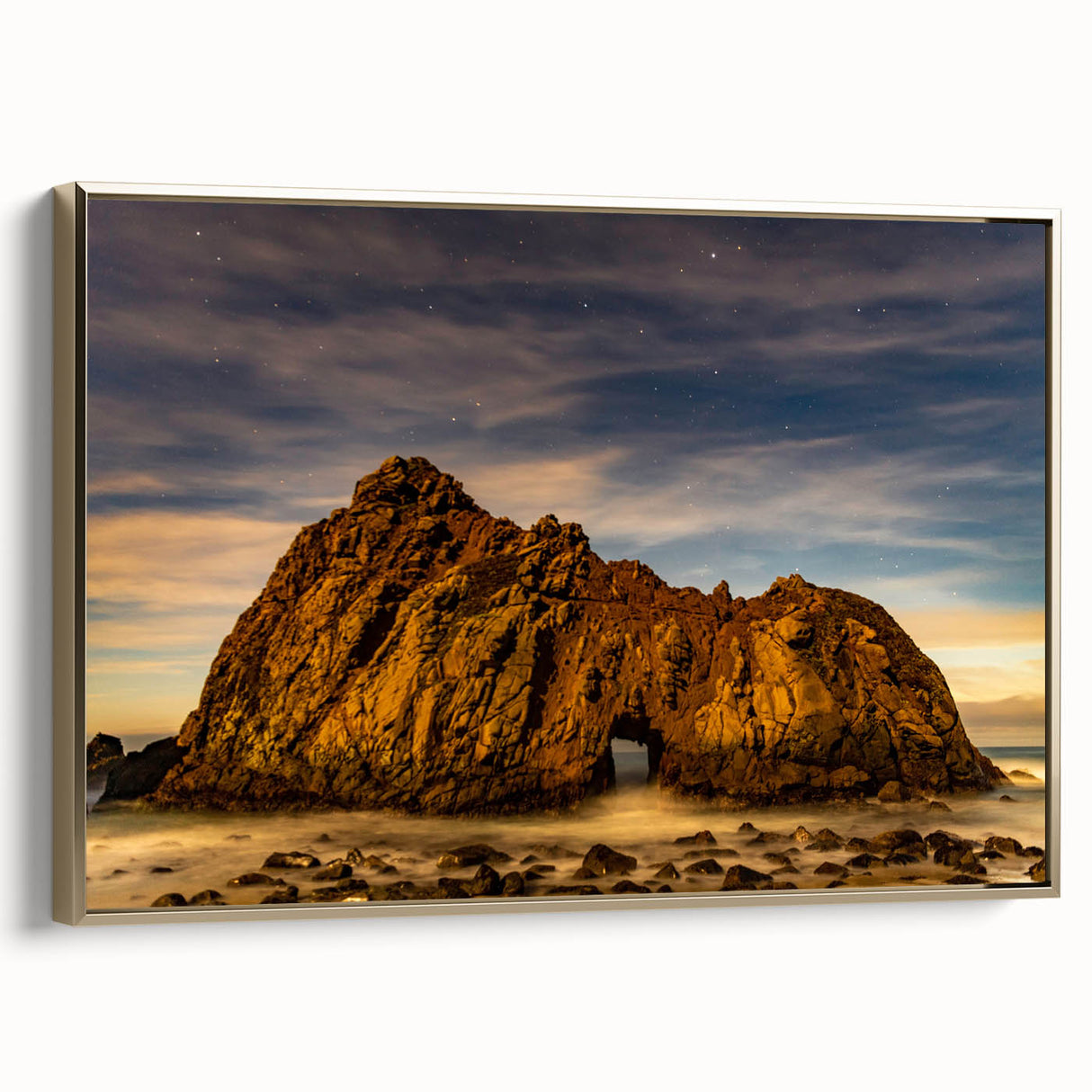 Framed canvas wall art depicting the lush landscape of Big Sur, California in muted green and gold tones.