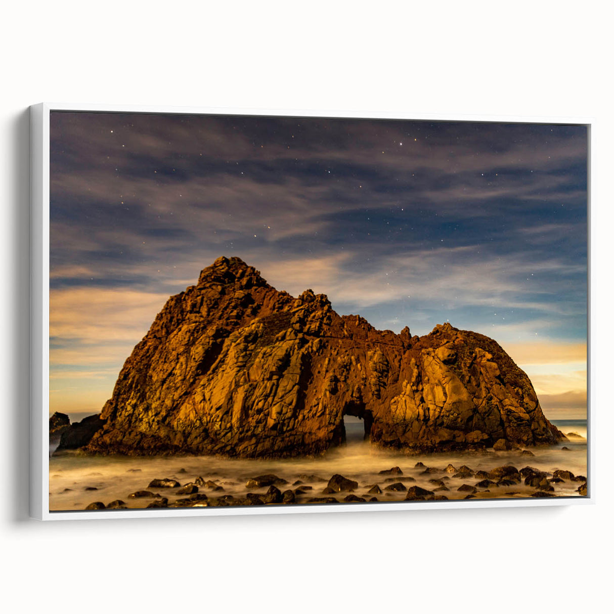 Vintage poster art of Big Sur, California, featuring colorful scenery on a large framed canvas, ideal for living room decor.