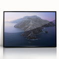 Large abstract wall art of Catalina, California in muted blue tones, framed in black acrylic.