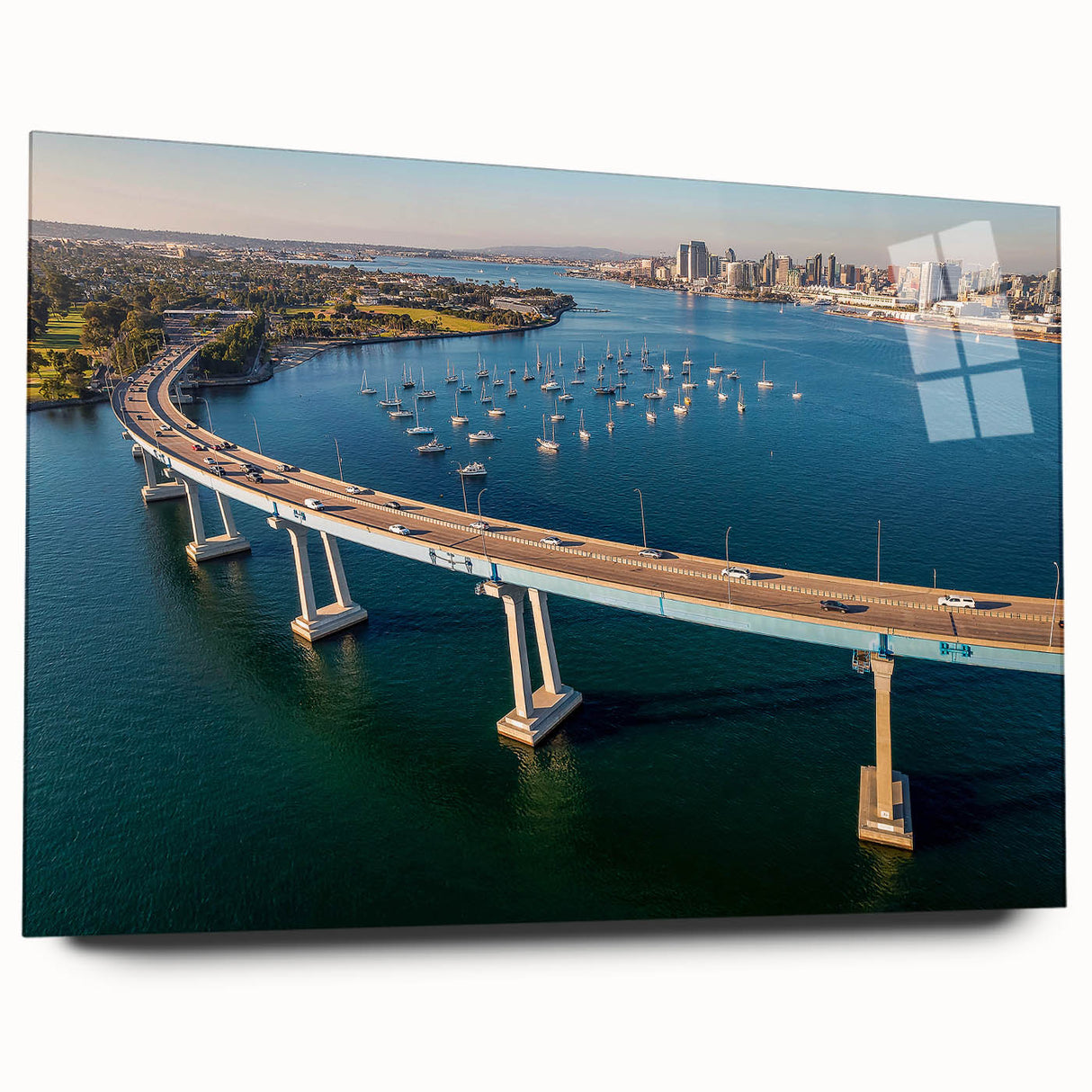Large abstract wall art of Coronado, California in muted blue shades on acrylic glass.