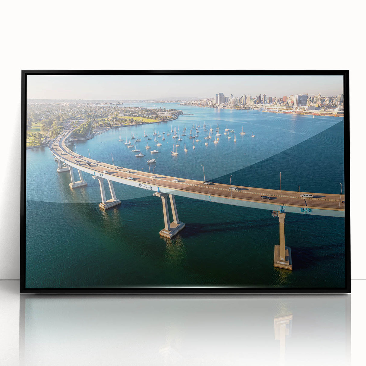 Large abstract wall art depicting the California Coronado scenery in mid-century modernist style, framed in black acrylic.