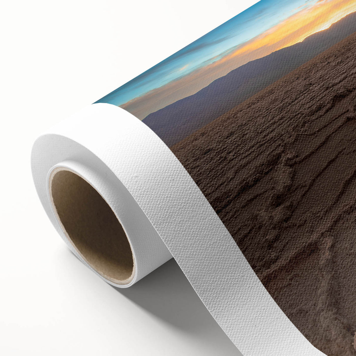 Art deco poster of Death Valley landscape in muted earth tones on rolled canvas, suitable for dining room wall art.