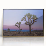Acrylic print of Joshua Tree with gold frame, using muted earth tones, ideal for modern art wall decor.