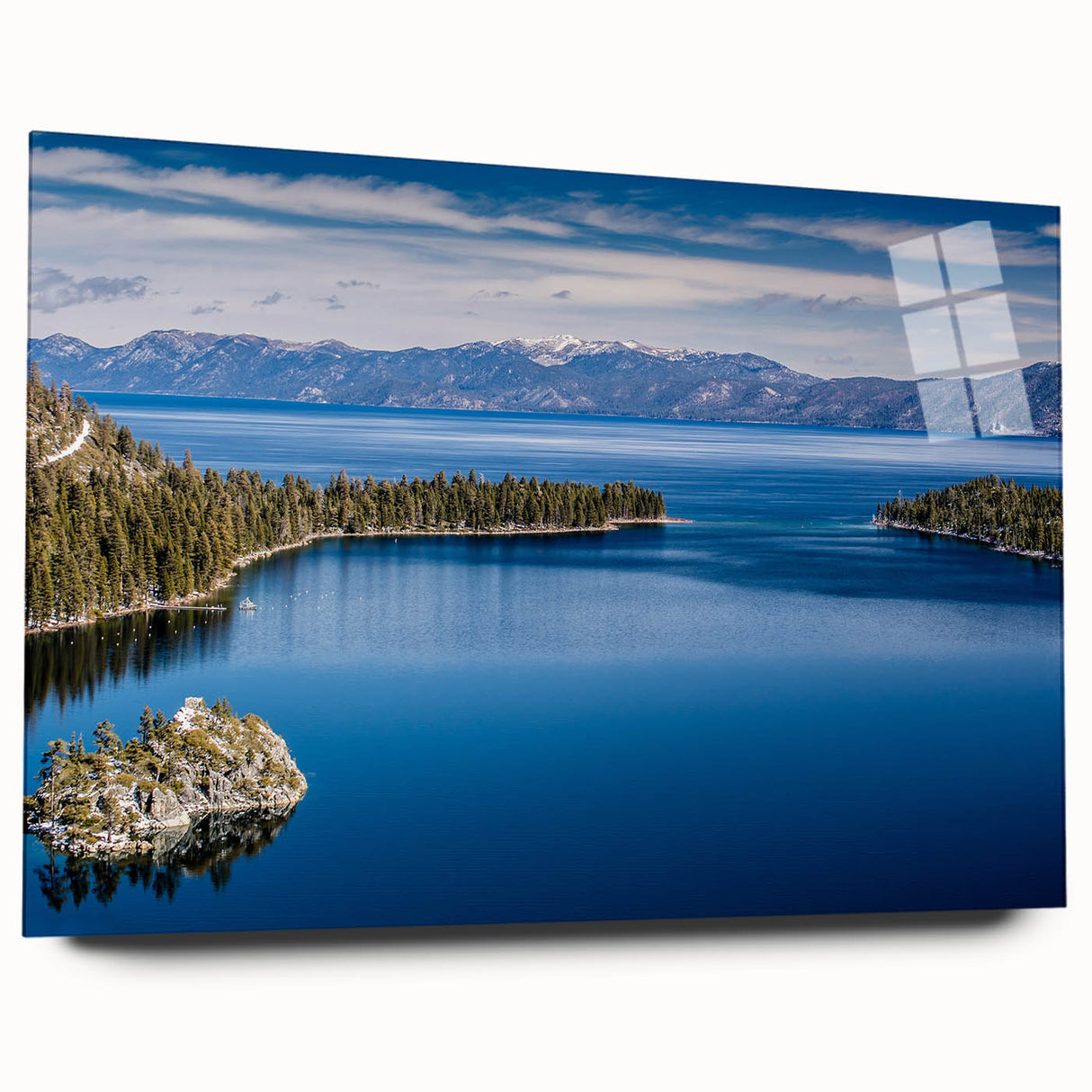 Acrylic print of Lake Tahoe with vivid blue and green tones, suitable for bedroom or dining room art.