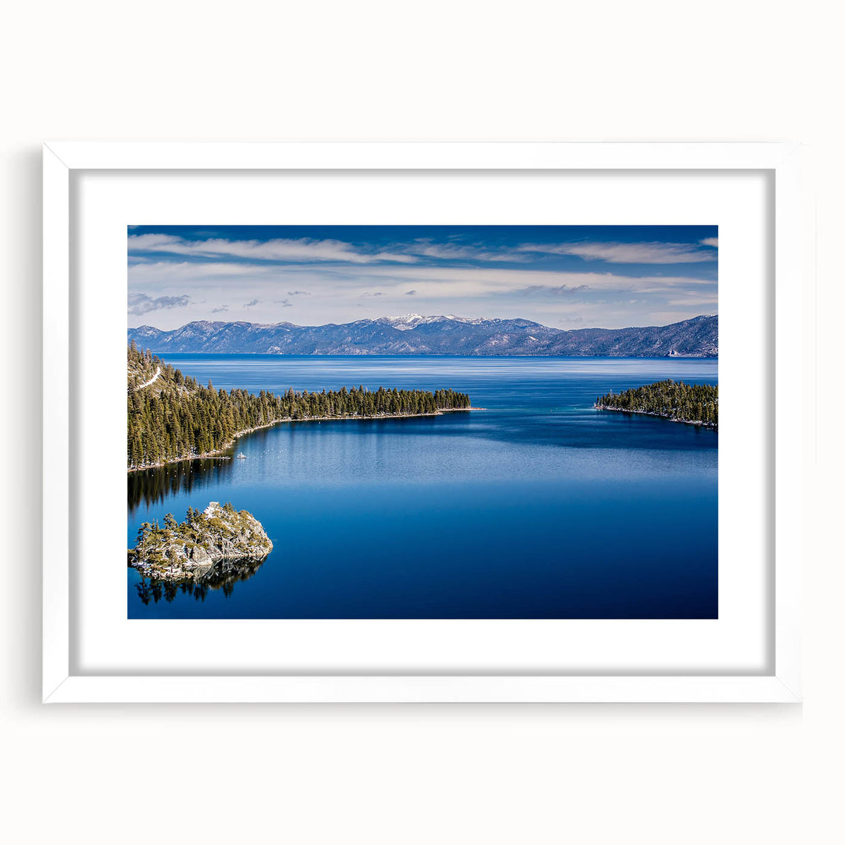 Abstract art print of Lake Tahoe in muted blue and green tones on a framed white canvas, ideal for dining room decor.