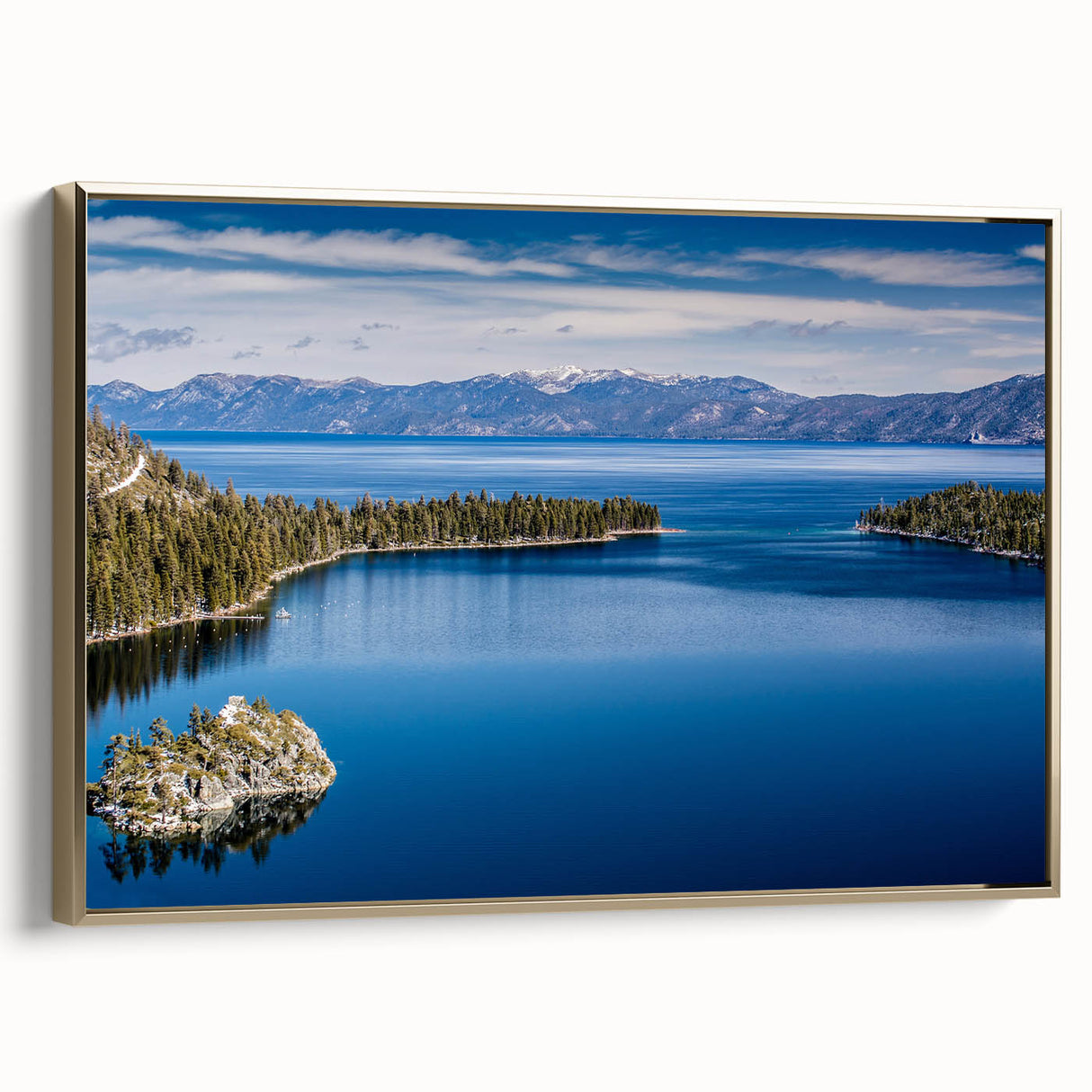 Framed canvas wall art depicting Lake Tahoe landscape with muted blues and greens, suitable for bedroom decor.