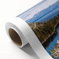 Art Deco style poster of Lake Tahoe on rolled canvas, featuring cool blue and green tones, ideal for nursery wall art.