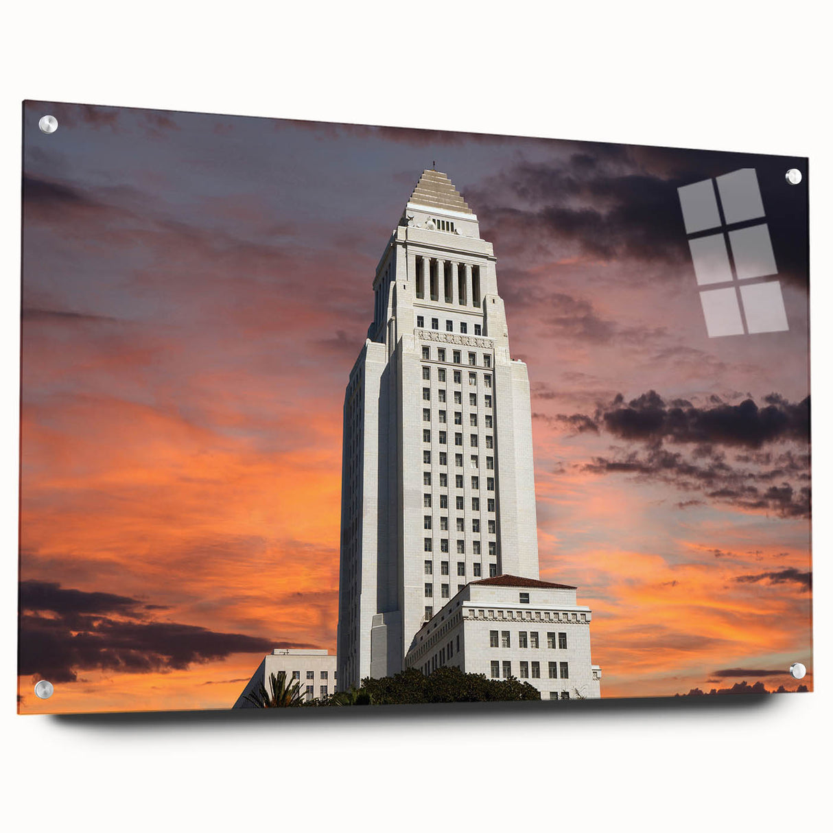 Acrylic print of a large abstract depiction of the Los Angeles skyline in muted grays and blues.