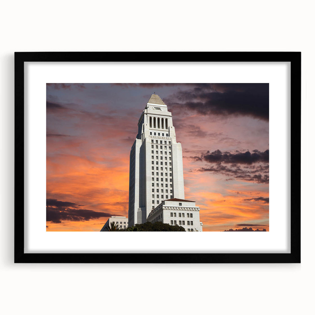 Extra large abstract art print depicting a colorful, textured Los Angeles skyline on a black framed canvas.