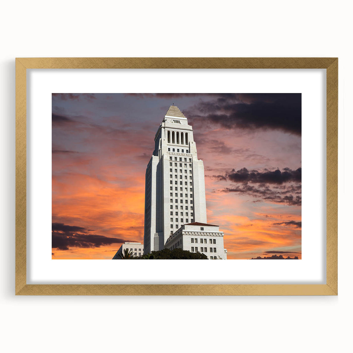Extra large abstract art print of Los Angeles skyline in muted gold and blue tones on a framed canvas.