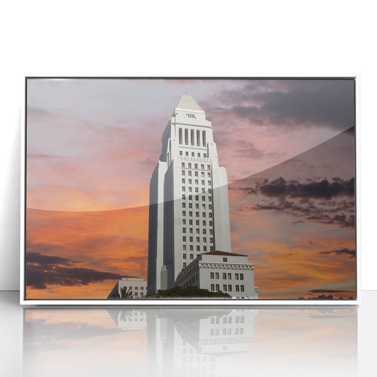 Acrylic print of Los Angeles skyline with pastel shades in an art deco style, ideal for modern bedroom ambiance.