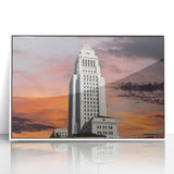 Acrylic print of Los Angeles skyline with pastel shades in an art deco style, ideal for modern bedroom ambiance.