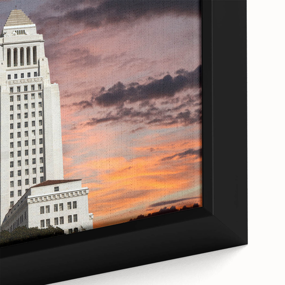 Extra large framed canvas depicting textured Los Angeles skyline in black with colorful art accents.